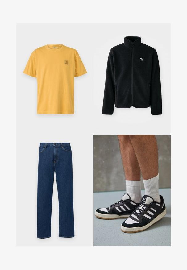 Fekete bolyhos dzseki magas gallérral, cipzáros elejével és elülső zsebeivel. Texturált anyaga és kis fehér logója van a bal mellen.; Rövid ujjú, kerek nyakú póló mustár sárga anyagból. A bal mellrészen egy kis négyzet alakú logó folt található. Puha pamut textúrájú.; Sötétkék, egyenes szárú farmernadrág, elülső zsebekkel és gombos záródással, sima fehér háttéren bemutatva.; Fekete-fehér tornacipők velúr és bőr felsőrésszel, három fehér csíkkal, perforált orral és gumi talppal.