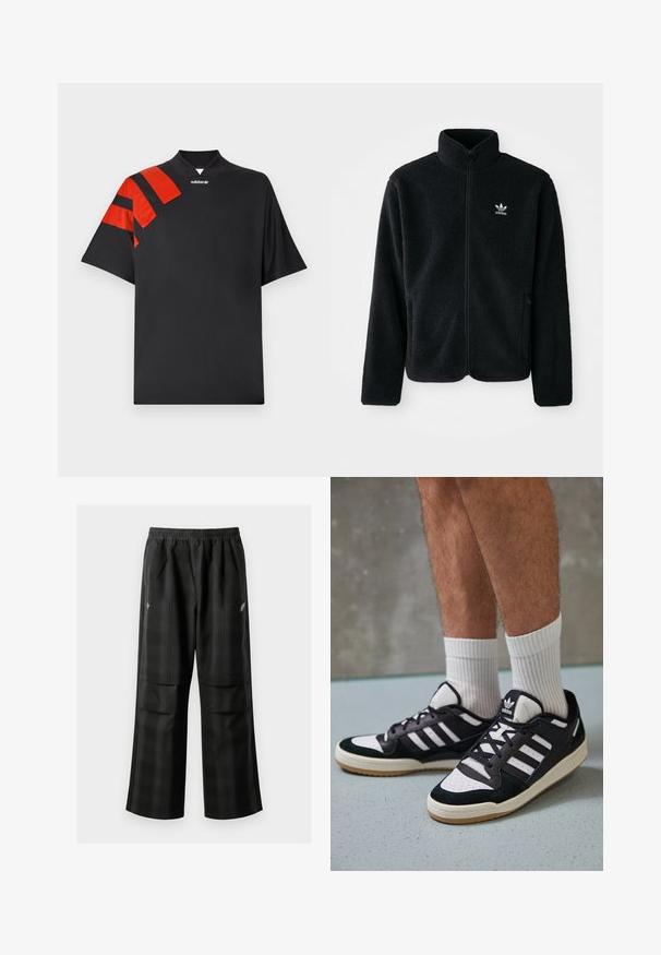 Crna fleec jakna s visokim ovratnikom, prednjim zatvaračem i prednjim džepovima. Ima teksturirani materijal i mali bijeli logo na lijevoj strani prsnog koša.; Crna majica kratkih rukava s visokim ovratnikom, s crvenim sjajnim detaljima i dijagonalnim prugama na lijevom ramenu. Glatka tekstura.; Crne karirane hlače s elastičnom urezom, dva prednja džepa i ležernim krojem s ravnim nogavicama. Izrađene su od laganog materijala.; Crne i bijele tenisice s gornjim dijelom od antilopa i kože, s tri bijele pruge, perforiranim prstom i gumiranim potplatom.