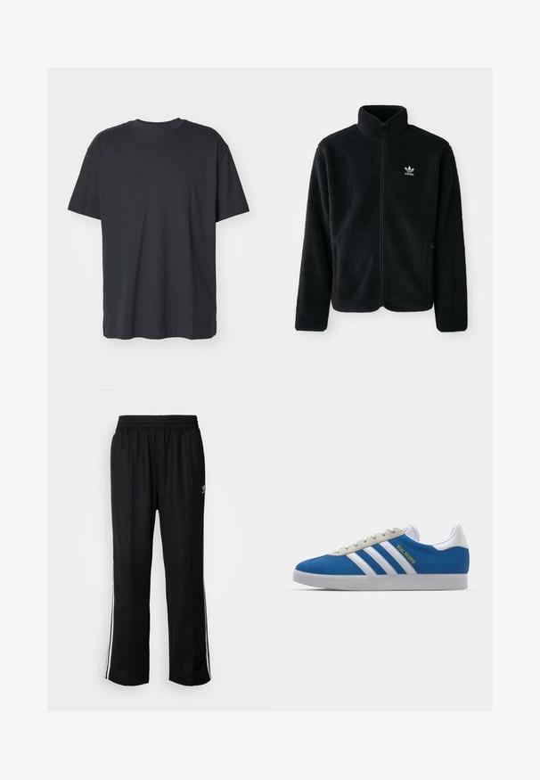 Zwarte fleece jacket met hoge kraag, ritssluiting aan de voorkant en voorzakken. Kenmerkt zich door textuurstof en een klein wit logo op de linkerborst.; Zwarte katoen t-shirt met korte mouwen, ronde halslijn, relaxte pasvorm en een zachte textuur. Geen zichtbare patronen of extra details.; Zwarte sportbroeken met een elastische tailleband, voorzien van witte zijkanten en een klein logo. Het materiaal lijkt zacht en lichtgewicht te zijn.; adidas Originals ADIDAS GAZELLE SHOES - Zaalvoetbalschoenen - real madrid/bluebird/footwear white/crew yellow