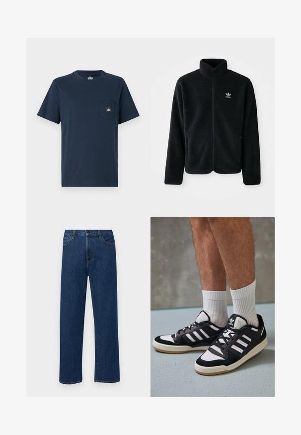 Musta fleece-takki, jossa on korkea kaulus, vetoketjusuljenta ja etutaskut. Käyttää teksturoitua kangasta ja siinä on pieni valkoinen logo vasemmassa rinnassa.; Tummansininen puuvillapaita lyhyillä hihoilla, pyöreällä kaula-aukolla ja rintataskulla, jossa on neliön muotoinen logo-etiketti. Sujuva pinta, rento muotoilu.; Tummansinisiä suoranlahkeisia farkkuja, joissa on etutaskut ja nappikiinnitys, esiteltynä yksinkertaisella valkoisella taustalla.; Valkoiset ja mustat tennarit, joissa on mokkanahka- ja nahkapäällinen, kolme valkoista raitaa, rei'itetty kärki ja kumipohja.