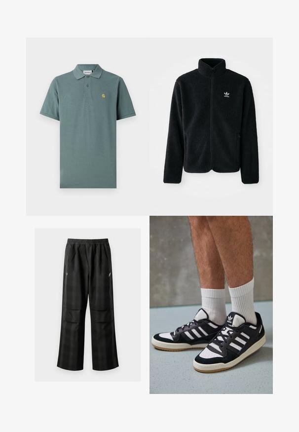 Μαύρο φλις μπουφάν με ψηλό γιακά, μπροστινό φερμουάρ και μπροστινές τσέπες. Διαθέτει υφασμάτινη υφή και μικρό λευκό λογότυπο στο αριστερό στήθος.; Πολυτελές polo μπλουζάκι κοντομάνικο σε θαμπό πράσινο χρώμα από βαμβάκι, με δύο κουμπιά και μια μικρή κίτρινη λογότυπη λεπτομέρεια στο στήθος.; Μαύρο καρό παντελόνι με ελαστική μέση, δύο μπροστινές τσέπες και χαλαρή εφαρμογή με ευθεία γραμμή. Φτιαγμένο από ελαφρύ υλικό.; Μαύρα και λευκά αθλητικά παπούτσια με άνω μέρος από σουέτ και δέρμα, featuring τρεις λευκές ρίγες, περατά δάχτυλα και σόλα από καουτσούκ τύπου γκαστ.
