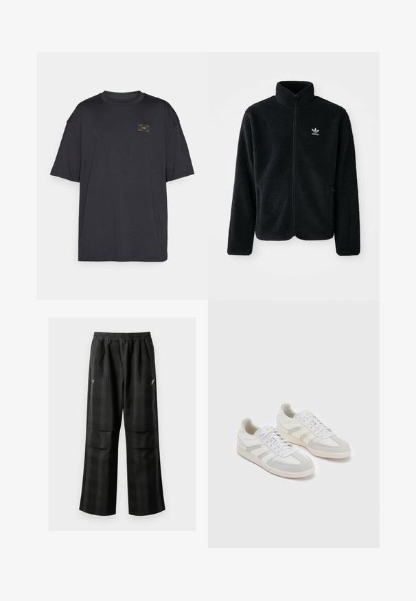 Fekete bolyhos dzseki magas gallérral, cipzáros elejével és elülső zsebeivel. Texturált anyaga és kis fehér logója van a bal mellen.; Fekete, rövid ujjú póló sima anyagból, amelyen egy kis sárga logós címke található a mellrészen. A forma laza szabású, kerek nyakkivágással.; Fekete kockás nadrág, rugalmas derékkal, két elülső zsebbel és laza, egyenes szárú fazonnal. Könnyű anyagból készült.; Fehér sportcipők világosszürke velúr részletekkel és csíkokkal, textúrált szövet felsőrésszel, lapos fűzőkkel és gumitalppal.