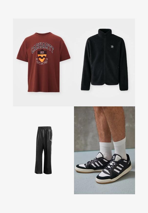 Juodas fliso džemperis su aukštu apykakle, užtrauktuku priekyje ir priekinėmis kišenėmis. Ypatybės: tekstūruota medžiaga ir mažas baltas logotipas kairėje krūtinės pusėje.; Tamsiai raudonas medvilninis marškinėliai su trumpomis rankovėmis. Su grafiniu spaudiniu, kuriame yra "Carhartt" tekstas ir oranžinė-juoda skydelio dizainas.; Juodos sintetinių medžiagų treniruočių kelnės su elastingu juosmeniu, su baltomis šoninėmis juostelėmis ir mažuoju baltu logotipu kairėje klubo pusėje.; Juodos ir baltos sportinės bateliai su zomšiniu ir odiniu viršumi, su trimis baltomis juostelėmis, perforuota koja ir guminėmis padais.