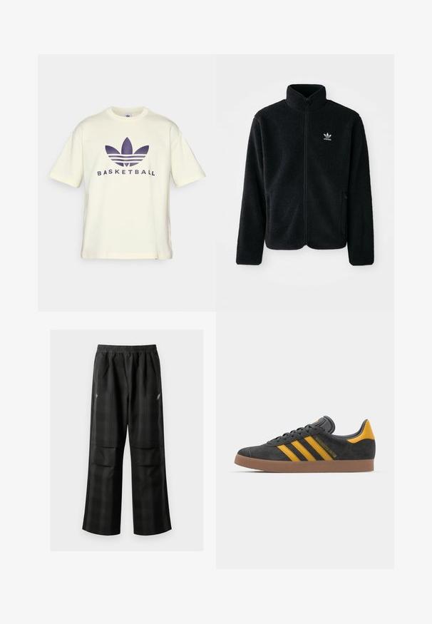 Svart fleecejacka med hög krage, blixtlås fram och framfickor. Har strukturtyg och en liten vit logotyp på vänster bröst.; Krämfärgad bomullströja med en stor lila basketgrafik och adidas tre-randiga logotyp, med korta ärmar och rund halsringning.; Svarta rutiga byxor med elastisk midja, två framfickor och en lös passform med rak bendesign. Tillverkade av lätt material.; Svart mockaskor med gula accenter, med tre ränder och en brun gummisula. Inkluderar en vadderad tunga för extra komfort.
