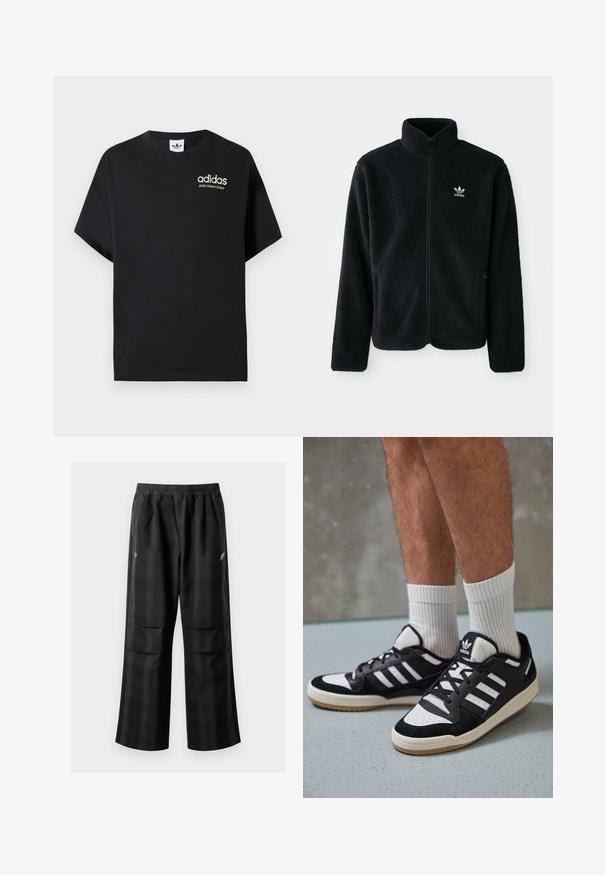 Casaco de fleece preto com gola alta, fecho de correr à frente e bolsos frontais. Apresenta um tecido texturizado e um pequeno logo branco no lado esquerdo do peito.; Camiseta de algodão preta com mangas curtas, apresentando um colarinho redondo e o logótipo da Adidas em branco com "SPORT DESIGN STUDIO" em dourado. Textura suave.; Calças pretas em padrão xadrez com cintura elástica, dois bolsos frontais e um ajuste solto com design de perna reta. Feitas de material leve.; Ténis em preto e branco com upper em camurça e couro, apresentando três riscas brancas, um toe perfurado e uma sola em borracha de goma.