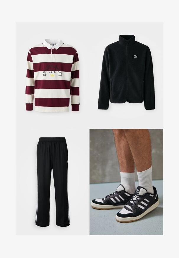 Casaco de fleece preto com gola alta, fecho de correr à frente e bolsos frontais. Apresenta um tecido texturizado e um pequeno logo branco no lado esquerdo do peito.; Polo de manga longa às riscas em bordo e branco com colarinho branco. Apresenta texto e emblema bordados na frente. Material em algodão.; Calças atléticas pretas com um cós elástico, apresentando riscas brancas laterais e um pequeno logótipo. O material parece macio e leve.; Ténis em preto e branco com upper em camurça e couro, apresentando três riscas brancas, um toe perfurado e uma sola em borracha de goma.