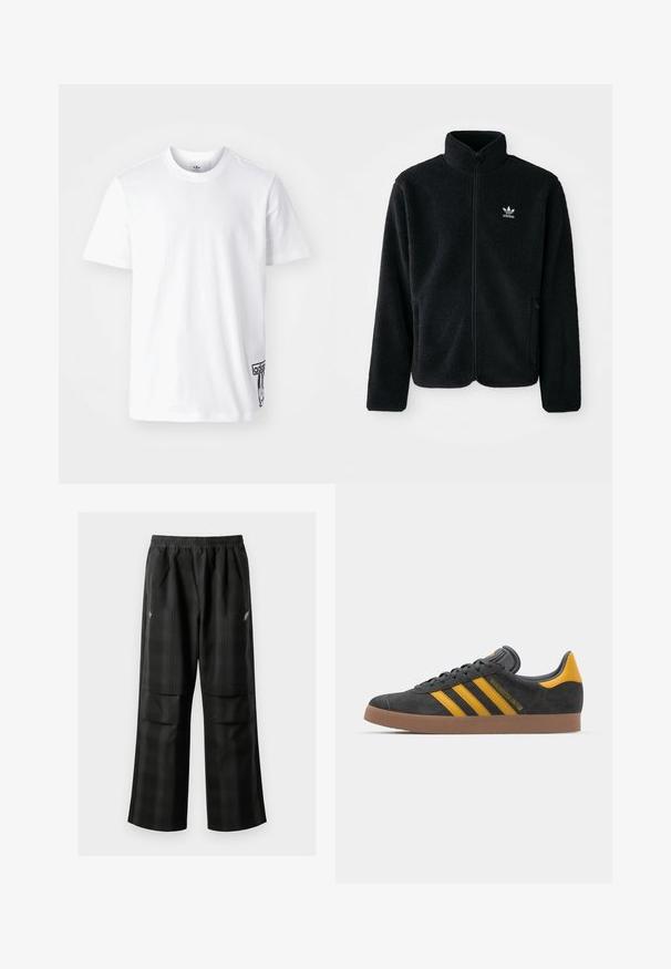 Casaco de fleece preto com gola alta, fecho de correr à frente e bolsos frontais. Apresenta um tecido texturizado e um pequeno logo branco no lado esquerdo do peito.; Camiseta de algodão branca com mangas curtas, decote redondo e um patch do logo preto da Adidas no lado inferior esquerdo. Textura suave.; Calças pretas em padrão xadrez com cintura elástica, dois bolsos frontais e um ajuste solto com design de perna reta. Feitas de material leve.; Tenis em camurça preta com detalhes amarelos, apresentando três riscas e uma sola de borracha castanha. Inclui uma língua acolchoada para maior conforto.