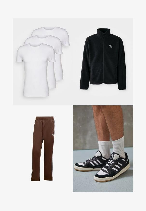 Juodas fliso džemperis su aukštu apykakle, užtrauktuku priekyje ir priekinėmis kišenėmis. Ypatybės: tekstūruota medžiaga ir mažas baltas logotipas kairėje krūtinės pusėje.; Trys baltos medvilnės marškinėliai su trumpomis rankovėmis ir apvaliais kaklais, lygaus paviršiaus, be raštų ar grafikų.; Rudos sportiniai kelnių pagaminti iš sklandaus audinio, su baltais šoninėmis juostelėmis ir elastingu liemeniu. Su kišenėmis abiejose pusėse.; Juodos ir baltos sportinės bateliai su zomšiniu ir odiniu viršumi, su trimis baltomis juostelėmis, perforuota koja ir guminėmis padais.