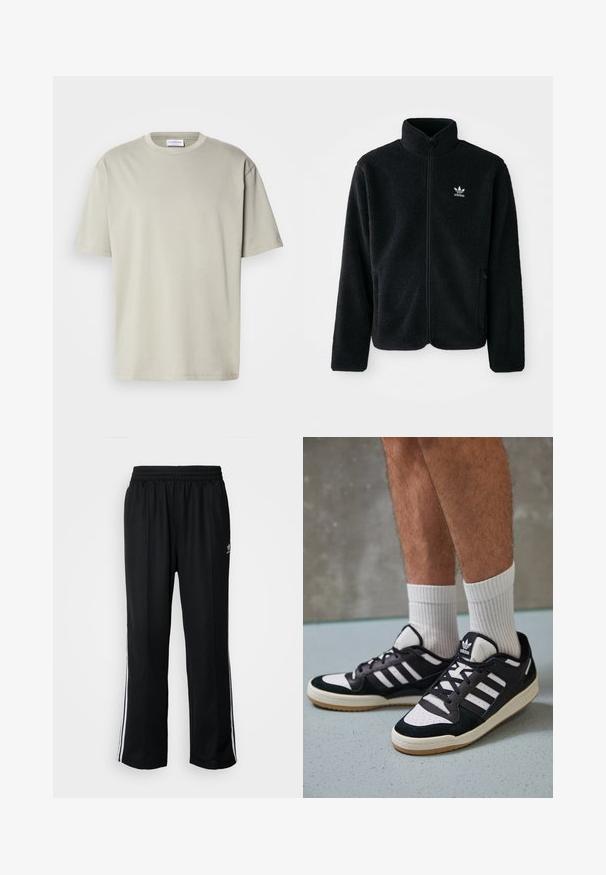 Casaco de fleece preto com gola alta, fecho de correr à frente e bolsos frontais. Apresenta um tecido texturizado e um pequeno logo branco no lado esquerdo do peito.; T-shirt de algodão cinza claro com decote redondo, mangas curtas e um ajuste solto. Textura suave e design simples, sem padrões ou detalhes.; Calças atléticas pretas com um cós elástico, apresentando riscas brancas laterais e um pequeno logótipo. O material parece macio e leve.; Ténis em preto e branco com upper em camurça e couro, apresentando três riscas brancas, um toe perfurado e uma sola em borracha de goma.