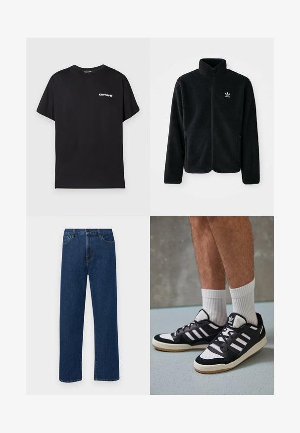Juodas fliso džemperis su aukštu apykakle, užtrauktuku priekyje ir priekinėmis kišenėmis. Ypatybės: tekstūruota medžiaga ir mažas baltas logotipas kairėje krūtinės pusėje.; Juodas medvilninis marškinėlis laisvo kirpimo, trumpomis rankovėmis ir baltu "Carhartt" logotipu kairėje krūtinės pusėje.; Tamsiai mėlynos tiesaus žandikaulio džinsai su priekinėmis kišenėmis ir mygtuko uždarymu, rodantys ant paprasto balto fono.; Juodos ir baltos sportinės bateliai su zomšiniu ir odiniu viršumi, su trimis baltomis juostelėmis, perforuota koja ir guminėmis padais.