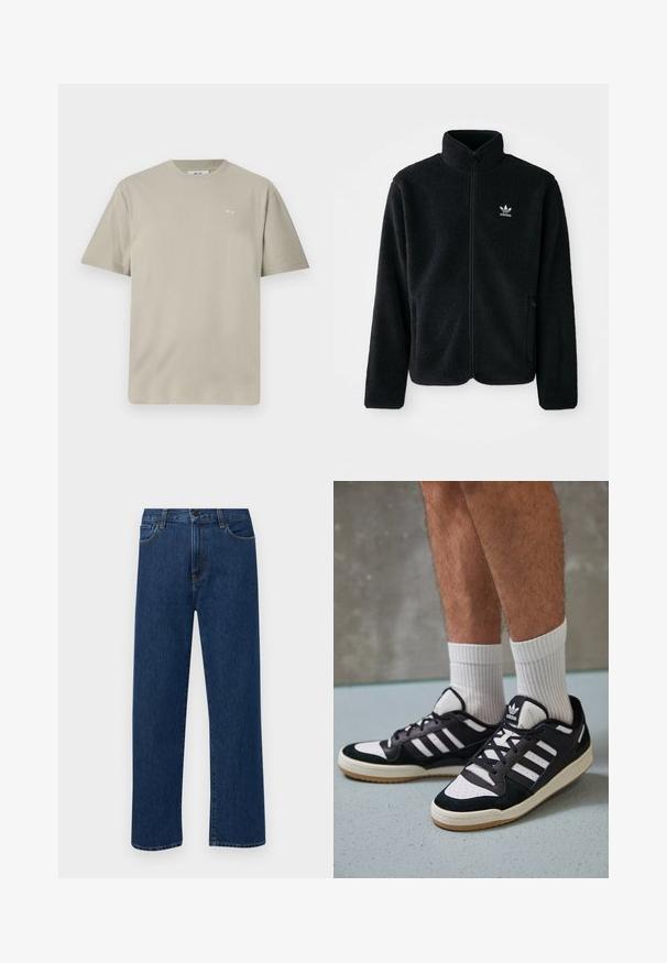 Black fleece jacket with high collar, zip front, and front pockets. Features textured fabric and small white logo on left chest.; Light taupe cotton t-shirt with short sleeves, round neckline, and a small printed logo on the left chest area. Soft, smooth texture.; Dark blue straight-leg denim jeans with front pockets and a button closure, displayed on a plain white background.; Black and white sneakers with a suede and leather upper, featuring three white stripes, a perforated toe, and a gum rubber sole.