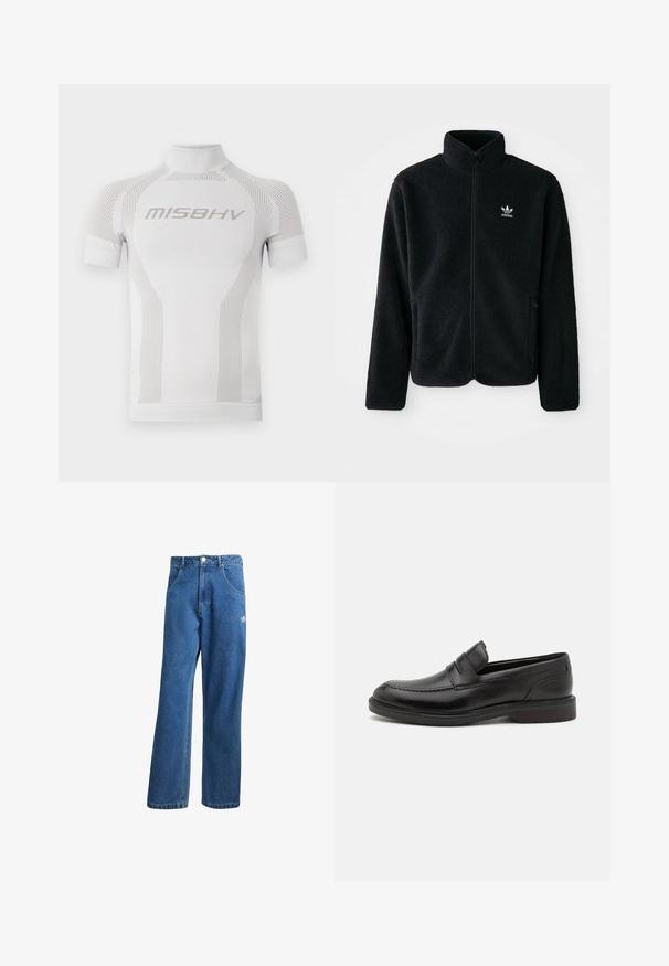 Svart fleecejacka med hög krage, blixtlås fram och framfickor. Har strukturtyg och en liten vit logotyp på vänster bröst.; Vit träningsskjorta med korta ärmar, hög krage och subtila vertikala linjer. Har "MISBHV"-logotypen i ljusgrått på framsidan.; Blå högmidjade vida jeans i denim med framfickor, bältesloopar, knappstängning och liten Adidas-logga på högra låret.; Svarta läderloafers med en stickad tådetalj, två horisontella remmar över foten och en träklack. Slät textur och rund form.