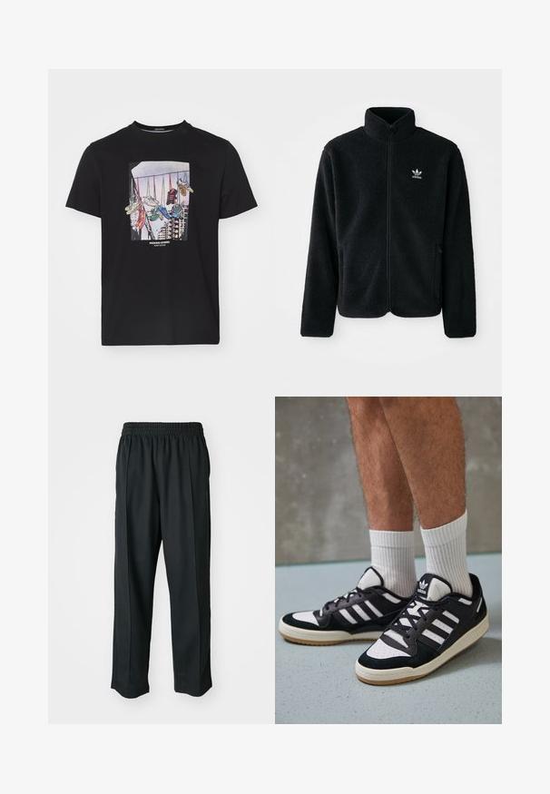 Juodas fliso džemperis su aukštu apykakle, užtrauktuku priekyje ir priekinėmis kišenėmis. Ypatybės: tekstūruota medžiaga ir mažas baltas logotipas kairėje krūtinės pusėje.; Juoda medvilninė marškinėliai su grafika, kurioje matyti sportbaigai kabančiai nuo lyno šviesiame fone, po kuriais užrašas "WEEKEND OFFENDER".; Juodi sportiniai kelnių modeliai su elastinga juosmena, pagaminti iš šiurkščios medžiagos, su subtiliomis šoninėmis siūlėmis ir laisva, tiesia koja.; Juodos ir baltos sportinės bateliai su zomšiniu ir odiniu viršumi, su trimis baltomis juostelėmis, perforuota koja ir guminėmis padais.