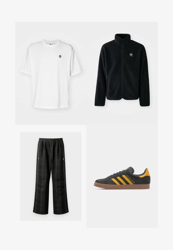 Jachetă din fleece neagră cu guler înalt, fermoar pe față și buzunare frontale. Caracteristici ale materialului texturat și un mic logo alb pe pieptul stâng.; Tricou alb din bumbac, cu guler rotund, mâneci scurte și un mic logo negru cu un copac pe pieptul stâng. Material moale, croi lejer.; Pantaloni cu un model carourile negre, având talie elastică, două buzunare frontale și un croi lejer cu picioare drepte. Construiți dintr-un material ușor.; Tenisi negri din suede cu accente galbene, având trei dungi și o talpă din cauciuc maroniu. Include un limba căptușită pentru confort.