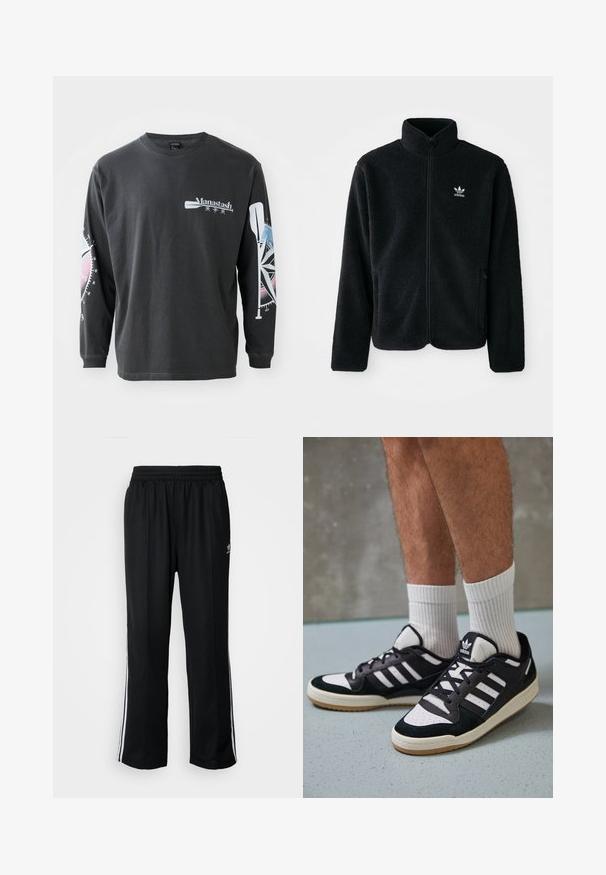 Melns flīsa mētelis ar augstu apkakli, ar rāvējslēdzēju priekšā un priekšējiem kabatām. Iezīmē ar teksturētu audumu un mazu baltu logo uz kreisā krūtīm.; Ilgiem piedurknēm melns kokvilnas T-krekls ar logo uz priekšpuses un grafiku ar kompasu un airi uz piedurknēm zilo un rozā toņos.; Melni sporta bikses ar elastīgu jostas vietu, kurām ir baltas sānu svītras un neliels logotips. Materiāls izskatās mīksts un viegls.; Melnas un baltas kedas ar zamša un ādas augšdaļu, kas aprīkotas ar trim baltām svītrām, perforētu purngali un gumijas zolēm.