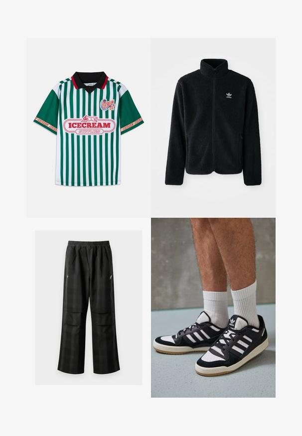 Casaco de fleece preto com gola alta, fecho de correr à frente e bolsos frontais. Apresenta um tecido texturizado e um pequeno logo branco no lado esquerdo do peito.; Camisa polo às riscas verdes e brancas com colarinho preto. Apresenta "FORNECIMENTOS DE GELADO" em vermelho, um emblema e detalhes em vermelho nas mangas.; Calças pretas em padrão xadrez com cintura elástica, dois bolsos frontais e um ajuste solto com design de perna reta. Feitas de material leve.; Ténis em preto e branco com upper em camurça e couro, apresentando três riscas brancas, um toe perfurado e uma sola em borracha de goma.