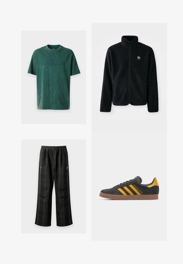 Svart fleecejakke med høy krage, glidelås foran og frontlommer. Har strukturert stoff og liten hvit logo på venstre bryst.; Mørkegrønn bomull t-skjorte med rund hals, korte ermer og en preget "adidas" logo over brystet i en matchende tekstur.; Svarte rutete bukser med elastisk midje, to frontlommer og løs passform med rett ben-design. Laget av lett materiale.; Sort skinnesko i svart semsket skinn med gule detaljer, med tre striper og en brun gummisåle. Inkluderer en polstret tunge for komfort.