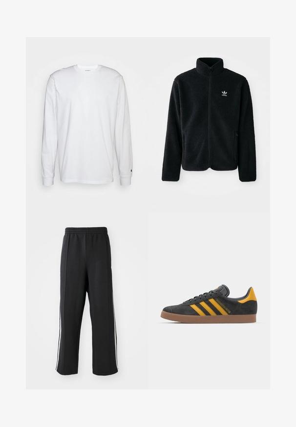 Giacca in pile nera con colletto alto, chiusura zip frontale e tasche anteriori. Presenta un tessuto testurizzato e un piccolo logo bianco sul lato sinistro del petto.; T-shirt bianca a maniche lunghe realizzata in cotone. Design con collo rotondo, polsini a costine e un piccolo logo sulla manica sinistra. Texture liscia.; Pantaloni da jogging neri con elastico in vita, dotati di strisce bianche sui lati e vestibilità comoda. Realizzati in tessuto morbido e elastico.; Sneaker in suede nero con dettagli gialli, dotato di tre strisce e una suola in gomma marrone. Include una linguetta imbottita per il comfort.