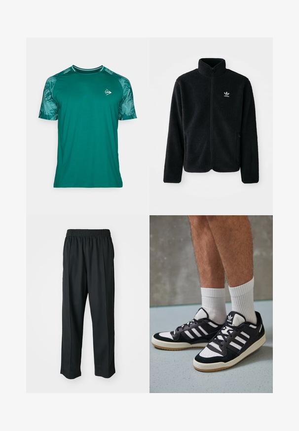 Juodas fliso džemperis su aukštu apykakle, užtrauktuku priekyje ir priekinėmis kišenėmis. Ypatybės: tekstūruota medžiaga ir mažas baltas logotipas kairėje krūtinės pusėje.; Mėlynos spalvos sportinė marškinė su trumpomis rankovėmis. Papuošti tekstūruotu grafikiniu raštu ant rankovių, apvaliu kaklu ir logotipu krūtinėje.; Juodi sportiniai kelnių modeliai su elastinga juosmena, pagaminti iš šiurkščios medžiagos, su subtiliomis šoninėmis siūlėmis ir laisva, tiesia koja.; Juodos ir baltos sportinės bateliai su zomšiniu ir odiniu viršumi, su trimis baltomis juostelėmis, perforuota koja ir guminėmis padais.