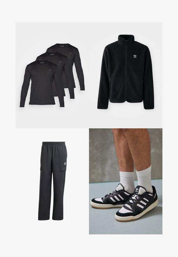 Must värviline fleecedee peasärk kõrge kraega, tõmblukuga esiosa ja esikotid. Omab tekstuuriga kangast ja väikest valget logo vasakul rinnal.; Kolm musta pika varrukaga särki, mis on valmistatud kergest kangast, ümara kaelusega ja väikese CK logoga rinnal.; Mustad mustreebiga mustad cargo püksid elastse vöökaarega, kahe külge taskuga ja diskreetse logoga vasakul reitel. Valmistatud kergest kangast.; Mustvalged ja valged spordijalatsid, mille pealmine osa on valmistatud suede'ist ja nahast. Kingadel on kolm valget riba, auguline varvas ja kummist tald.