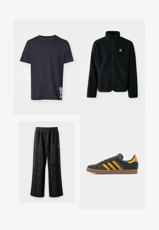 Juodas fliso džemperis su aukštu apykakle, užtrauktuku priekyje ir priekinėmis kišenėmis. Ypatybės: tekstūruota medžiaga ir mažas baltas logotipas kairėje krūtinės pusėje.; Juoda medvilninė marškinėliai su apvalia iškirpte, trumpomis rankovėmis ir baltu logotipo ženkleliu apatinėje pusėje. Lygus paviršius, standartinė silueto forma.; Juodos languotos kelnės su elastingu juosmeniu, dviem priekinėmis kišenėmis ir laisvu tiesiu kirpimu. Pagamintos iš lengvos medžiagos.; Juodas zomšinės sportbačiai su geltonais akcentais, turintys tris juosteles ir rudą gumos padą. Apima paminkštintą liežuvėlį patogumui.