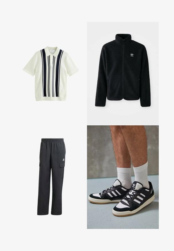 Svart fleecejacka med hög krage, blixtlås fram och framfickor. Har strukturtyg och en liten vit logotyp på vänster bröst.; Kortärmad polo i krämfärg med marinblå vertikala ränder, featuring krage och tre-knapps knäppning. Stickad textur genom hela plagget.; Svarta cargo byxor med elastisk midja, två sidofickor och en diskret logotyp på vänstra låret. Tillverkade av ett lätt material.; Svartvita sneakers med ovandel i mocka och läder, med tre vita ränder, perforerad tå och sula av gummigummi.