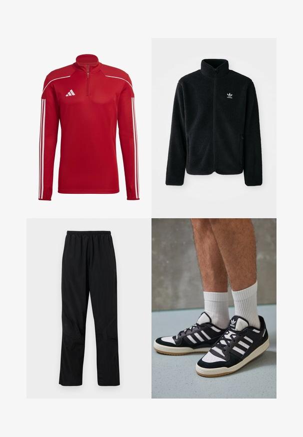 Veste en polaire noire avec col haut, fermeture éclair à l'avant et poches перед тобой. Présente un tissu texturé et un petit logo blanc sur la poitrine gauche.; Pull-over de sport rouge avec col zippé, manches longues, accents blancs à trois bandes sur les manches et panneaux d'épaule texturés.; Pantalons en nylon noirs avec une taille élastique, présentant une finition légère et texturée ainsi que des accents de couture pour un design moderne.; Baskets noir et blanc avec une tige en suède et cuir, comportant trois rayures blanches, un bout perforé et une semelle en caoutchouc gum.