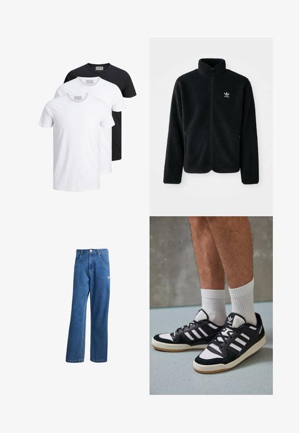 Black fleece jacket with high collar, zip front, and front pockets. Features textured fabric and small white logo on left chest.; Three T-shirts in white and black, made of cotton. Each has a round neck and short sleeves, with a logo displayed on the neckline.; Blue high-waist wide-leg denim jeans with front pockets, belt loops, button closure, and small Adidas logo on the right thigh.; Black and white sneakers with a suede and leather upper, featuring three white stripes, a perforated toe, and a gum rubber sole.