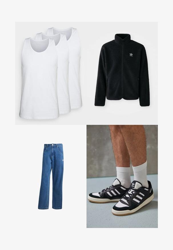 Melns flīsa mētelis ar augstu apkakli, ar rāvējslēdzēju priekšā un priekšējiem kabatām. Iezīmē ar teksturētu audumu un mazu baltu logo uz kreisā krūtīm.; Trīs baltu bezmazgā t-kreklu komplekts, izgatavots no kokvilnas. Tam ir noapaļota dekoltē līnija un bez piedurknēm, gluda tekstūra un standarta izmērs.; Zilas augsta vidukļa platas kāju džinsu bikses ar priekšējiem kabatām, jostas cilpām, pogu aizdari un mazu Adidas logo labajā augšstilbā.; Melnas un baltas kedas ar zamša un ādas augšdaļu, kas aprīkotas ar trim baltām svītrām, perforētu purngali un gumijas zolēm.