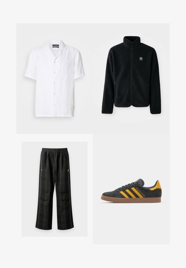 Svart fleecejacka med hög krage, blixtlås fram och framfickor. Har strukturtyg och en liten vit logotyp på vänster bröst.; Vit kortärmad skjorta med knappar i lätt linen, med krage och sju knappar framtill, i en avslappnad passform.; Svarta rutiga byxor med elastisk midja, två framfickor och en lös passform med rak bendesign. Tillverkade av lätt material.; Svart mockaskor med gula accenter, med tre ränder och en brun gummisula. Inkluderar en vadderad tunga för extra komfort.