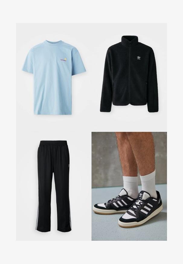 Must värviline fleecedee peasärk kõrge kraega, tõmblukuga esiosa ja esikotid. Omab tekstuuriga kangast ja väikest valget logo vasakul rinnal.; Heledsinine lühikeste varrukatega puuvillane T-särk, millel on ümmargune kaelus ja vasakul rinnal väike multicolore Carhartti logo.; Mustad mustad spordipüksid elastse vöökohaga, millel on valged küljeread ja väike logo. Materjal tundub pehme ja kerge.; Mustvalged ja valged spordijalatsid, mille pealmine osa on valmistatud suede'ist ja nahast. Kingadel on kolm valget riba, auguline varvas ja kummist tald.