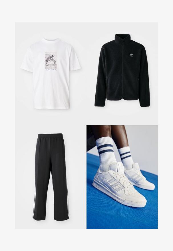 Must värviline fleecedee peasärk kõrge kraega, tõmblukuga esiosa ja esikotid. Omab tekstuuriga kangast ja väikest valget logo vasakul rinnal.; Valge puuvillane T-särk, millel on keskel graafika koertest mängimas ja sinise tekstiga "Kogu töö ja ei mingit naudingut" pildi all.; Mustad mustad püksid elastse vöökoha ning valgete küljeribadega, lõdva istuvusega. Valmistatud pehmest ja venivast kangast.; Valge nahast jooksujalatsid, millel on perforatsioonidega detailid, kolm metallilist triipu ja tekstureeritud külgpaneel. Kanna valgeid sokke, millel on sinised triibud.