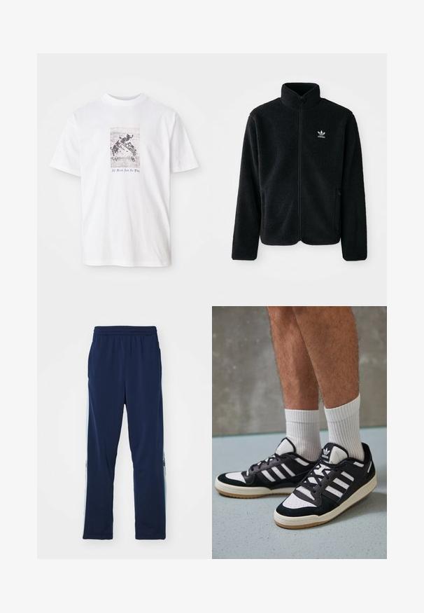 Svart fleecejakke med høy krage, glidelås foran og frontlommer. Har strukturert stoff og liten hvit logo på venstre bryst.; Hvit bomull t-skjorte med et sentralt grafisk bilde av hunder som leker, med teksten "All Work And No Play" i blått under bildet.; Marineblå joggebukser laget av elastisk stoff, med bred elastisk midjebånd, rett kutt, og lette sidetone akcenter med logoer.; Sorte og hvite sneakers med overdel i semsket skinn og lær, med tre hvite striper, perforert tå og en såle av gummi.