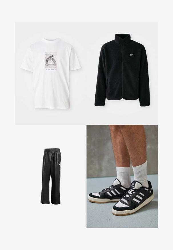 Schwarze Fleecejacke mit hohem Kragen, durchgehendem Reißverschluss und Fronttaschen. Verfügt über strukturiertes Material und ein kleines weißes Logo auf der linken Brust.; Weißes T-Shirt aus Baumwolle mit einem zentralen Grafikmotiv, das spielende Hunde zeigt, und dem Text "Alles Arbeit und kein Spiel" in Blau unter dem Bild.; Schwarze synthetische Sporthosen mit elastischem Taillenbund, ausgestattet mit weißen Seitenstreifen und einem kleinen weißen Logo auf der linken Hüfte.; Schwarz-weiße Sneaker mit einem Obermaterial aus Wildleder und Leder, ausgestattet mit drei weißen Streifen, einer perforierten Zehenpartie und einer Sohle aus Gummi.