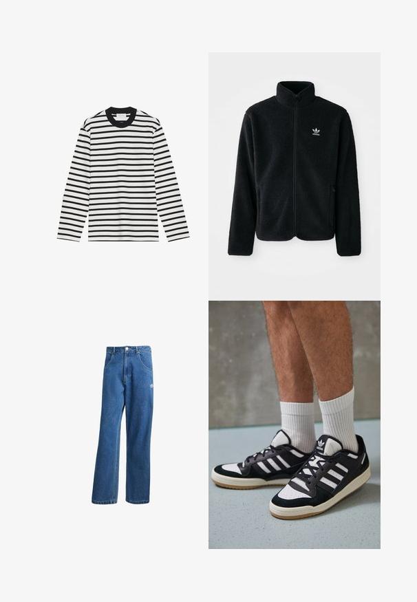 Schwarze Fleecejacke mit hohem Kragen, durchgehendem Reißverschluss und Fronttaschen. Verfügt über strukturiertes Material und ein kleines weißes Logo auf der linken Brust.; Langarmshirt in Schwarz-Weiß-Streifen. Gerippter Rundhalsausschnitt und Bündchen. Weicher Stoff mit durchgehendem horizontalen Muster. Klassischer Schnitt.; Blaue hohe, weite Jeans mit Fronttaschen, Gürtelschlaufen, Knopfverschluss und kleinem Adidas-Logo am rechten Oberschenkel.; Schwarz-weiße Sneaker mit einem Obermaterial aus Wildleder und Leder, ausgestattet mit drei weißen Streifen, einer perforierten Zehenpartie und einer Sohle aus Gummi.