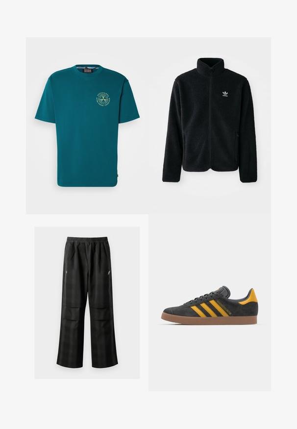 Black fleece jacket with high collar, zip front, and front pockets. Features textured fabric and small white logo on left chest.; Turquoise cotton t-shirt with a crew neckline, short sleeves, and a circular logo in yellow-green on the chest. Smooth texture.; Black plaid pants featuring an elastic waistband, two front pockets, and a loose fit with a straight leg design. Made from lightweight material.; Black suede sneaker with yellow accents, featuring three stripes and a brown rubber sole. Includes a padded tongue for comfort.