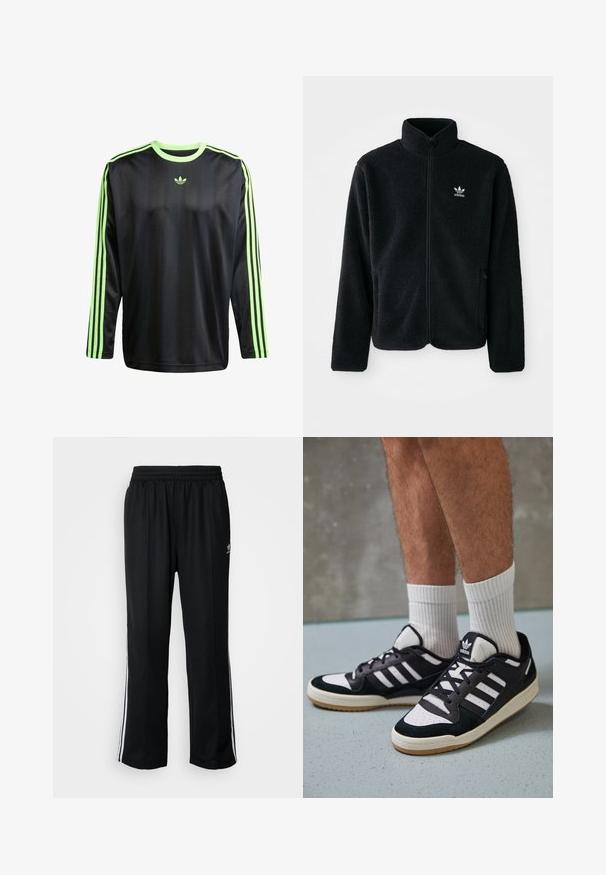 Black fleece jacket with high collar, zip front, and front pockets. Features textured fabric and small white logo on left chest.; adidas Originals JACQ - Long sleeved top - black signal green; Black athletic pants with an elastic waistband, featuring white side stripes and a small logo. Material appears soft and lightweight.; Black and white sneakers with a suede and leather upper, featuring three white stripes, a perforated toe, and a gum rubber sole.