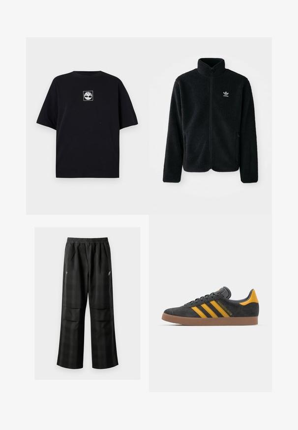 Black fleece jacket with high collar, zip front, and front pockets. Features textured fabric and small white logo on left chest.; Black cotton T-shirt with a relaxed fit, featuring a square white logo print depicting a tree on the chest. Short sleeves and crew neck design.; Black plaid pants featuring an elastic waistband, two front pockets, and a loose fit with a straight leg design. Made from lightweight material.; Black suede sneaker with yellow accents, featuring three stripes and a brown rubber sole. Includes a padded tongue for comfort.