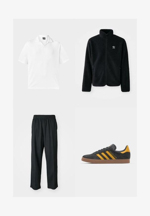 Casaco de fleece preto com gola alta, fecho de correr à frente e bolsos frontais. Apresenta um tecido texturizado e um pequeno logo branco no lado esquerdo do peito.; Camisa polo branca de manga curta feita de um tecido texturizado com nervuras verticais; apresenta um colarinho clássico e uma bainha reta.; Calças atléticas pretas com um cós elástico, feitas de tecido suave, com costuras laterais discretas e um ajuste descontraído, design de perna reta.; Tenis em camurça preta com detalhes amarelos, apresentando três riscas e uma sola de borracha castanha. Inclui uma língua acolchoada para maior conforto.