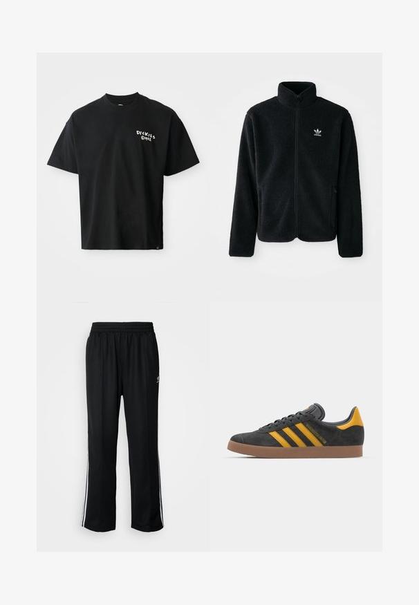 Svart fleecejakke med høy krage, glidelås foran og frontlommer. Har strukturert stoff og liten hvit logo på venstre bryst.; Svart kortermet T-skjorte laget av bomull med løs passform. Har en hvit "Dickies"-logo på forsiden. Rund hals, ensfarget.; Sorte treningsbukser med elastisk midjebånd, med hvite sidestiper og en liten logo. Materialet ser mykt og lett ut.; Sort skinnesko i svart semsket skinn med gule detaljer, med tre striper og en brun gummisåle. Inkluderer en polstret tunge for komfort.