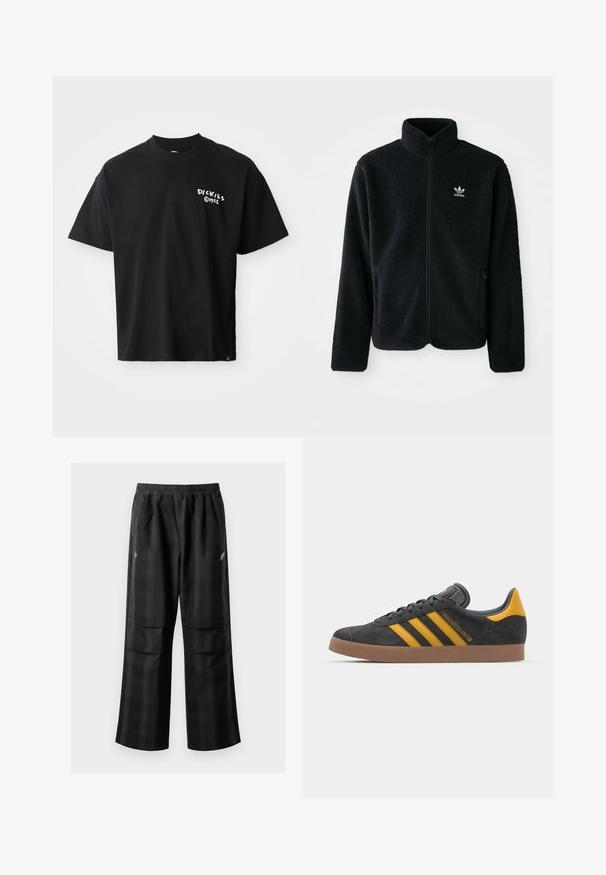 Svart fleecejakke med høy krage, glidelås foran og frontlommer. Har strukturert stoff og liten hvit logo på venstre bryst.; Svart kortermet T-skjorte laget av bomull med løs passform. Har en hvit "Dickies"-logo på forsiden. Rund hals, ensfarget.; Svarte rutete bukser med elastisk midje, to frontlommer og løs passform med rett ben-design. Laget av lett materiale.; Sort skinnesko i svart semsket skinn med gule detaljer, med tre striper og en brun gummisåle. Inkluderer en polstret tunge for komfort.