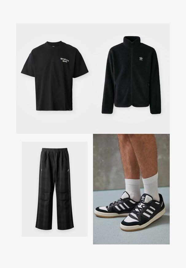 Jachetă din fleece neagră cu guler înalt, fermoar pe față și buzunare frontale. Caracteristici ale materialului texturat și un mic logo alb pe pieptul stâng.; Tricou scurt cu mânecă, de culoare neagră, fabricat din bumbac, cu croială lejeră. Prezintă un logo alb "Dickies" pe față. Gât de tip crew, de culoare uniformă.; Pantaloni cu un model carourile negre, având talie elastică, două buzunare frontale și un croi lejer cu picioare drepte. Construiți dintr-un material ușor.; Adidași negri și albi cu un superior din suede și piele, prevăzuți cu trei dungi albe, un vârf perforat și o talpă din cauciuc caramel.