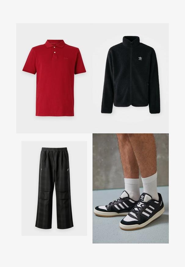 Svart fleecejakke med høy krage, glidelås foran og frontlommer. Har strukturert stoff og liten hvit logo på venstre bryst.; Rød bomullspolo med klassisk krage, korte ermer og en subtil brodert logo på brystet. Glatt tekstur.; Svarte rutete bukser med elastisk midje, to frontlommer og løs passform med rett ben-design. Laget av lett materiale.; Sorte og hvite sneakers med overdel i semsket skinn og lær, med tre hvite striper, perforert tå og en såle av gummi.