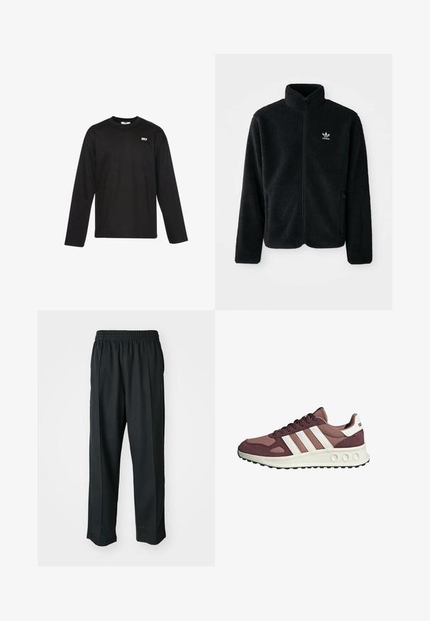 Zwarte fleece jacket met hoge kraag, ritssluiting aan de voorkant en voorzakken. Kenmerkt zich door textuurstof en een klein wit logo op de linkerborst.; DEF EVERYDAY - Longsleeve - black; Zwarte sportbroek met een elastische tailleband, gemaakt van gladde stof, met subtiele zijnaad en een relaxte pasvorm, recht gesneden.; Bordeaux en lichtroze sport sneakers met een bovenwerk van mesh en suede, een witte drie-strepen ontwerp en een dikke zwarte rubberen zool voor grip.