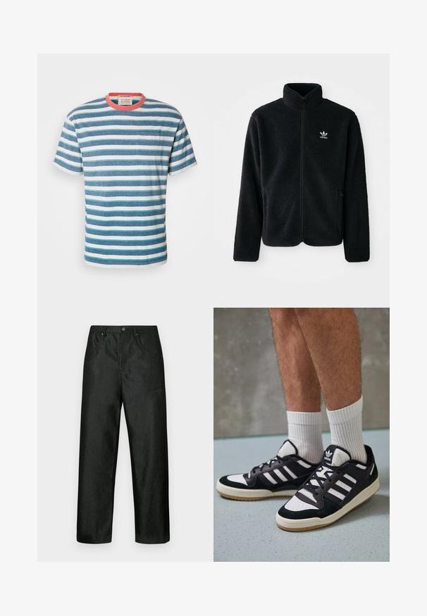 Sort fleecejakke med høj krave, lynlås foran og frontlommer. Har tekstureret stof og lille hvidt logo på venstre bryst.; Scotch & Soda STRIPE POCKET - T-shirts print - off white harbour teal multicolour; Sorte bukser med let glans, med et lige ben-design, to forlommer og et diskret logo på øverste venstre side.; Sorte og hvide sneakers med en overdel i ruskind og læder, der har tre hvide striber, en perforeret tå og en sål i gummigummi.