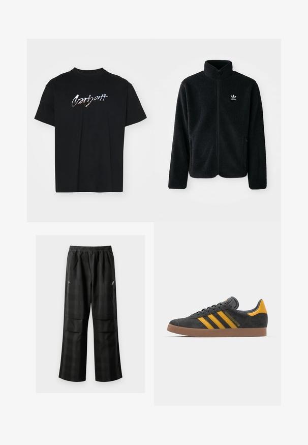 Sort fleecejakke med høj krave, lynlås foran og frontlommer. Har tekstureret stof og lille hvidt logo på venstre bryst.; Sort bomulds T-shirt med et reflekterende, stiliseret "Carhartt" logo i midten, rund halsudskæring og korte ærmer med en afslappet pasform.; Sorte ternede bukser med elastisk talje, to forlommer og en løs pasform med lige ben. Fremstillet af letvægtsmateriale.; Sort suedet sneaker med gule accenter, der har tre striber og en brun gummisål. Inkluderer en polstret tunge for komfort.