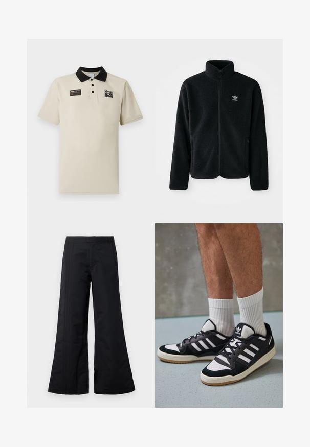 Black fleece jacket with high collar, zip front, and front pockets. Features textured fabric and small white logo on left chest.; Beige polo shirt made of smooth fabric, featuring a black collar, three buttons, and a left chest graphic label in black and red.; Black wide-leg trousers made of smooth fabric, featuring front creases, and a waistband. Clean design with no visible patterns or accents.; Black and white sneakers with a suede and leather upper, featuring three white stripes, a perforated toe, and a gum rubber sole.