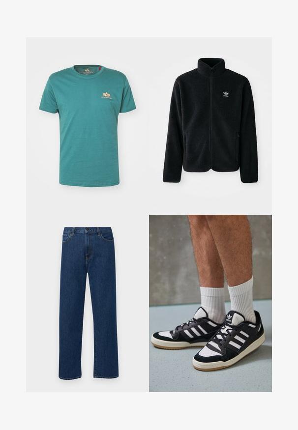 Musta fleece-takki, jossa on korkea kaulus, vetoketjusuljenta ja etutaskut. Käyttää teksturoitua kangasta ja siinä on pieni valkoinen logo vasemmassa rinnassa.; Teal cotton t-paita, jossa on pyöreä kaula-aukko, lyhyet hihat ja pieni oranssi logo vasemmassa rinnassa. Sileä tekstuuri, rento muotoilu.; Tummansinisiä suoranlahkeisia farkkuja, joissa on etutaskut ja nappikiinnitys, esiteltynä yksinkertaisella valkoisella taustalla.; Valkoiset ja mustat tennarit, joissa on mokkanahka- ja nahkapäällinen, kolme valkoista raitaa, rei'itetty kärki ja kumipohja.