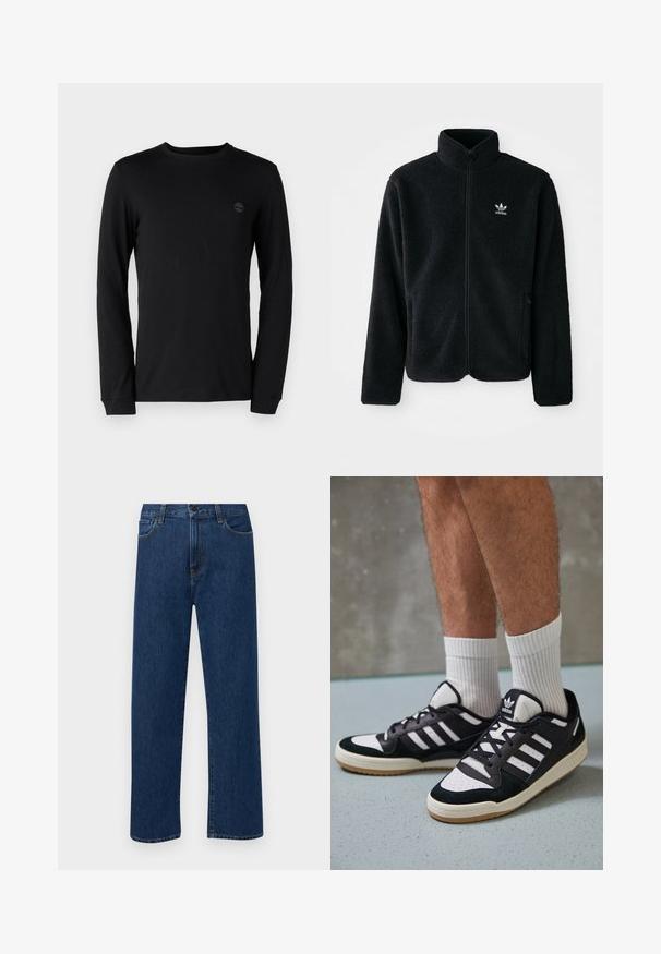 Svart fleecejakke med høy krage, glidelås foran og frontlommer. Har strukturert stoff og liten hvit logo på venstre bryst.; Svart langermet t-skjorte laget av myk bomull, med rund hals og en subtil logo på brystet. Tilpasset med standard mansjetter.; Mørkeblå rette jeans i denim med frontlommer og knappelukking, vist på en enkel hvit bakgrunn.; Sorte og hvite sneakers med overdel i semsket skinn og lær, med tre hvite striper, perforert tå og en såle av gummi.