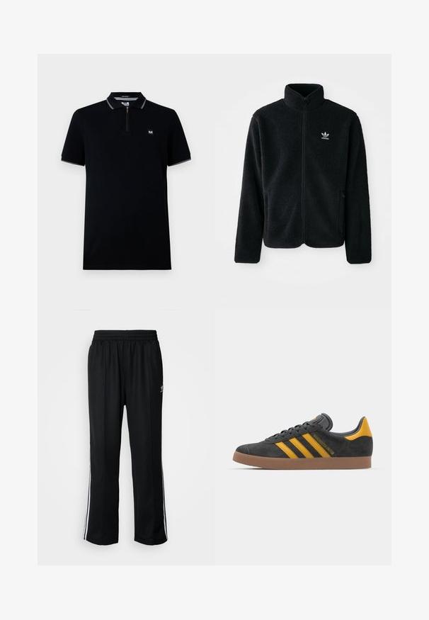 Čierna fleecová bunda s vysokým golierom, zipsom na prednej strane a prednými vreckami. Obsahuje textúrovanú tkaninu a malé biele logo na ľavej hrudi.; Čierna polokošeľa s krátkym rukávom, s naťahovacím zapínaním, kontrastným golierom a okrajmi rukávov, vyrobená z hladkej látky, s malým logom.; Čierne športové nohavice s elastickým pásom, s bielymi bočnými prúžkami a malým logom. Materiál vyzerá byť mäkký a ľahký.; Čierne semišové tenisky so žltými akcentmi, ktoré majú tri pruhy a hnedú gumovú podrážku. Obsahujú vypolstrovaný jazyk pre pohodlie.